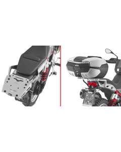 Givi SRA8209 piastra realizzata in alluminio per montare un bauletto con aggancio monokey sulla moto Guzzi V85TT dal 2024.