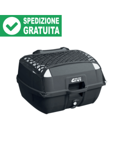 Bauletto monolock Givi B45+ nero da 45 litri con schienalino e rete porta oggetti.