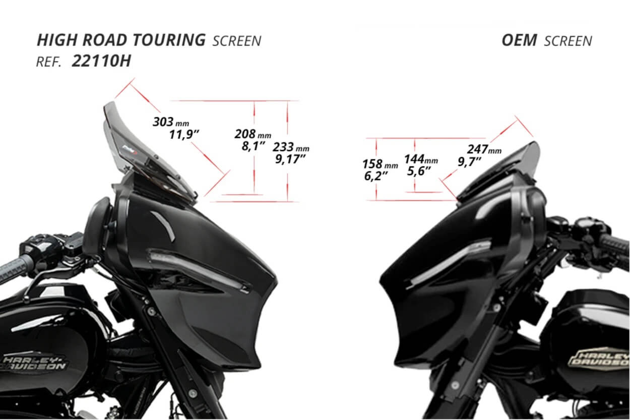 Dimensioni del cupolino Puig 22110 per Harley Daidson Street Glide FLHX 2024.