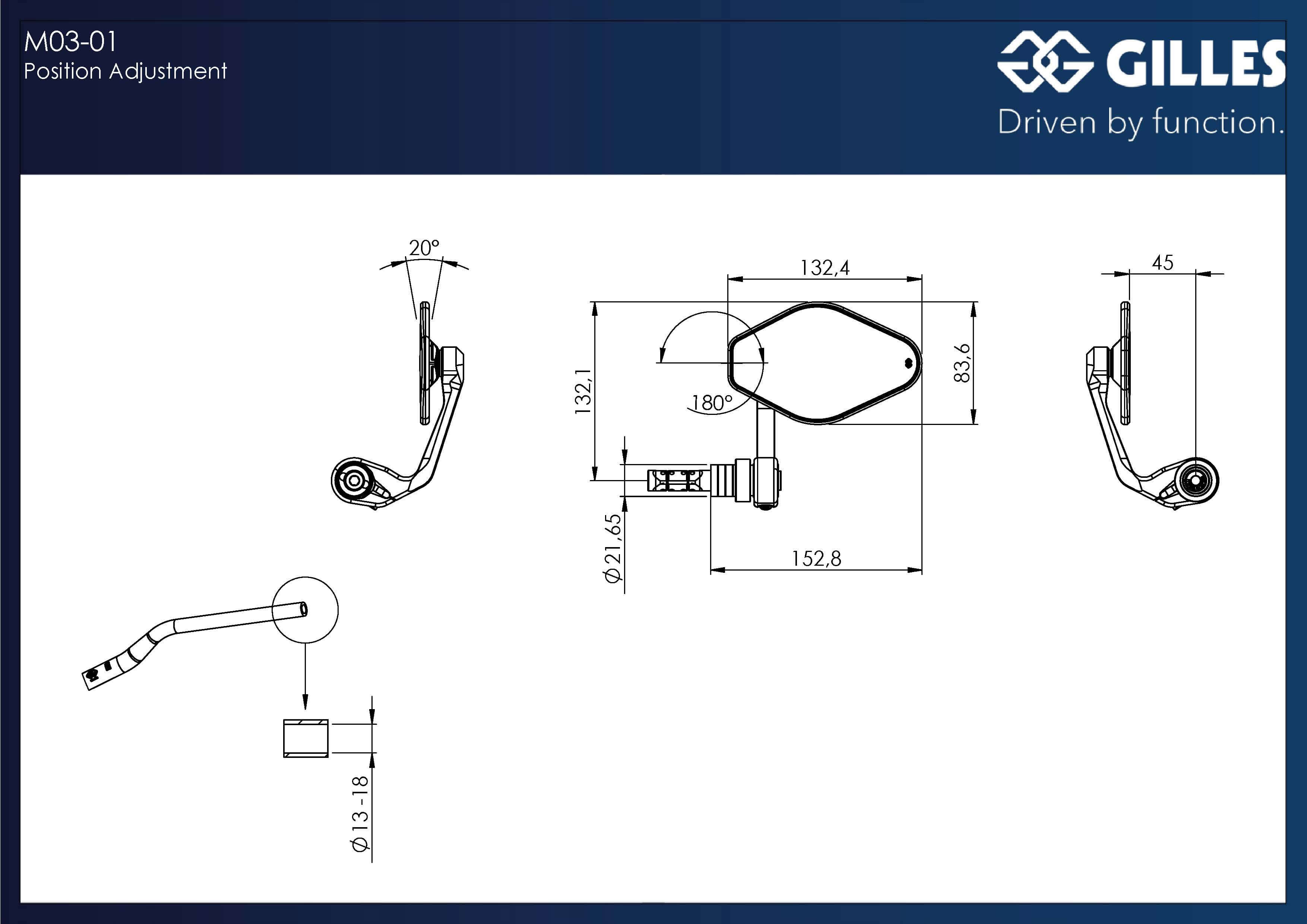 Dettagli tecnici del retrovisore moto Gilles Tooling Stratos.