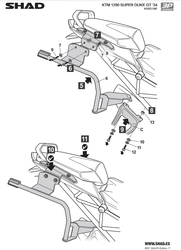 Istruzioni di montaggio dei telaietti Shad k0sd14if per KTM 1290 Super Duke GT 2024.