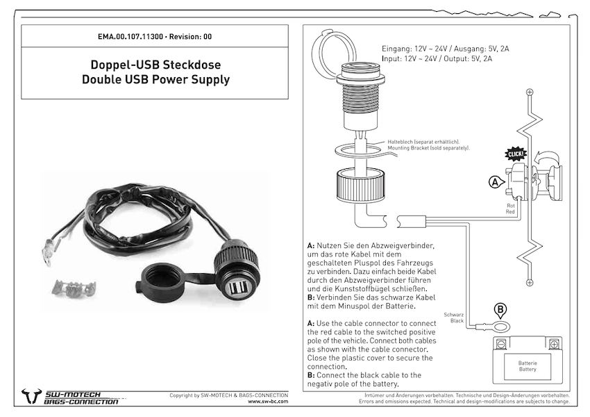 Doppia Presa USB Sw-Motech Cablaggio 2.000 mA 12 V