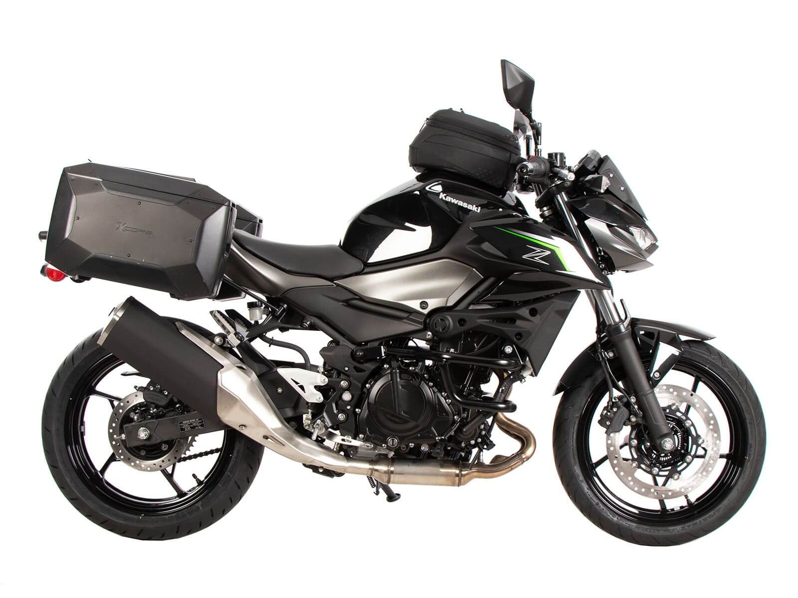 Borse laterali Hepco & Becker montate sulla moto Kawasaki Z500.