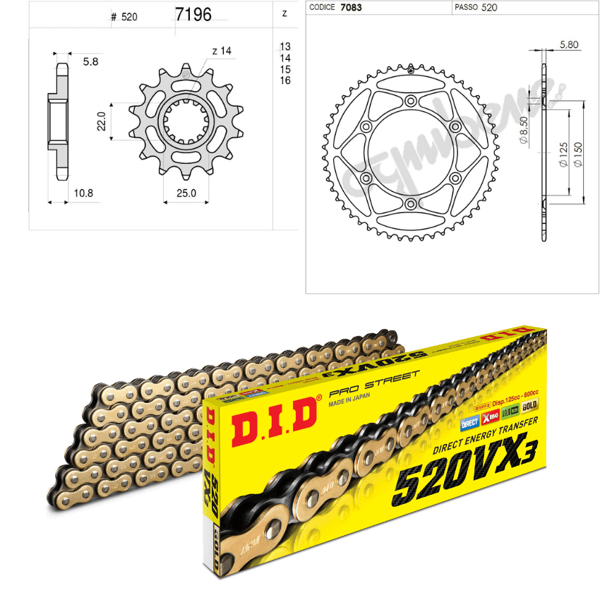 Kit trasmissione Did Ognibene Corona Pignone e Catena moto.