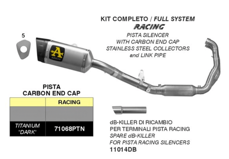 Schema tecnico scarico completo racing Arrow 71068PTN Dark per Aprilia RS457.