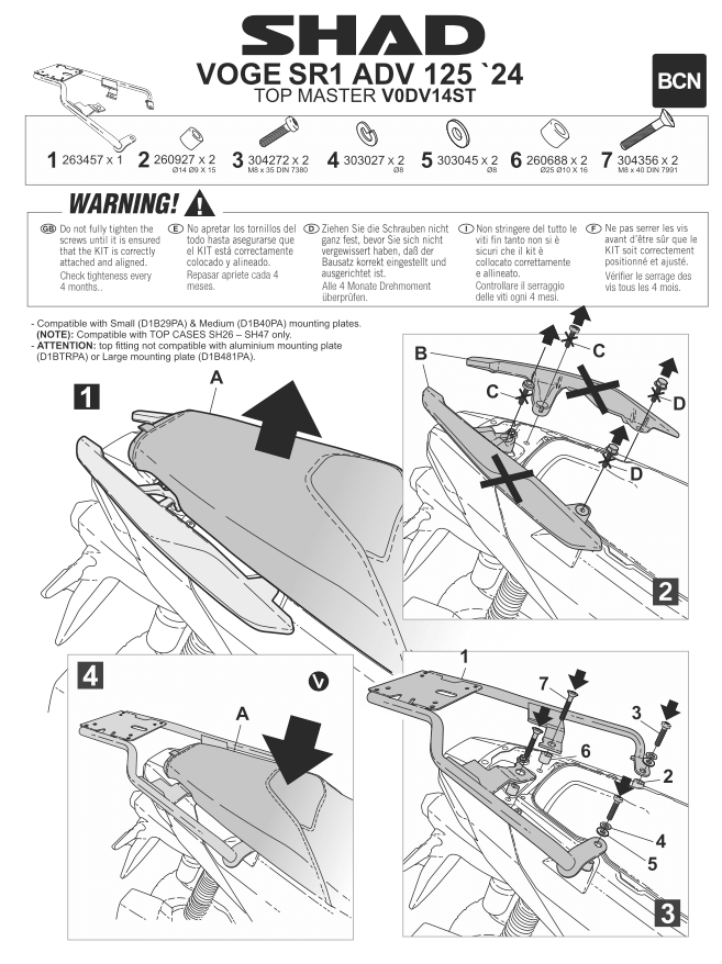 Istruzioni di montaggio Shad V0DV14ST attacco bauletto Voge Sfida SR1 ADV 125.