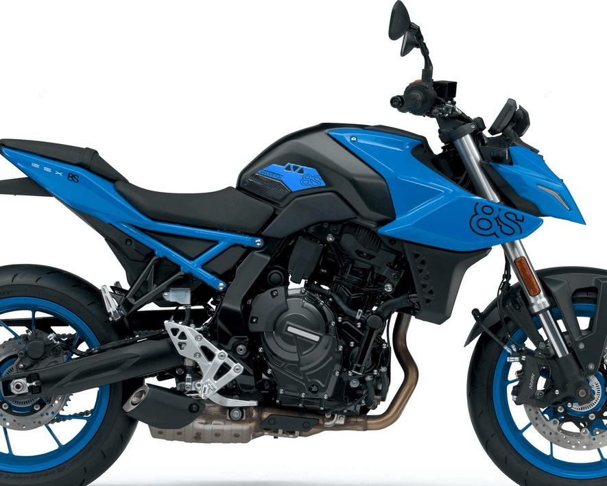 Adesivi blu ai lati del serbatoio della moto Suzuki GSX-8S.