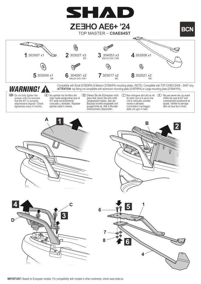 Istruzioni per installare l'attacco bauletto Shad C0AE64ST su ZEEHO Ae6+